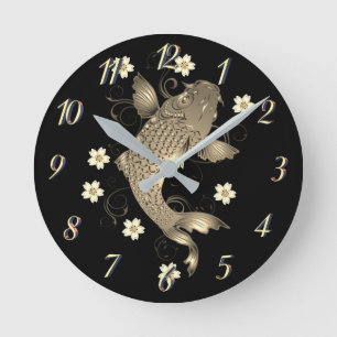 Koi fish oriental black and gold floral elegant round clock