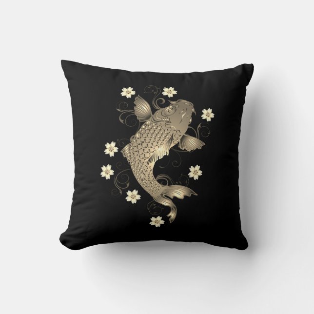 Koi fish oriental black and gold floral elegant  throw pillow (Front)