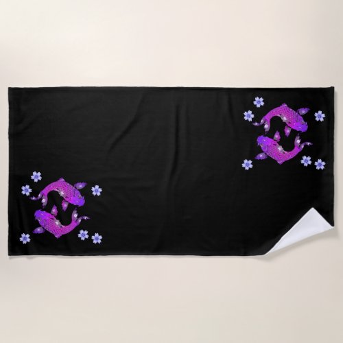 Koi fish oriental black purple yin yang floral beach towel