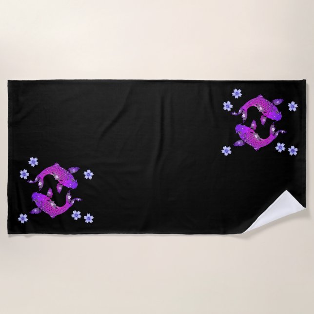 Koi fish oriental black purple yin yang floral beach towel (Front)