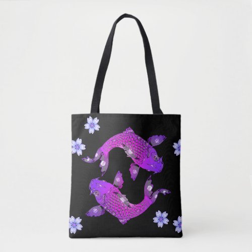 Koi fish oriental black purple yin yang floral tote bag