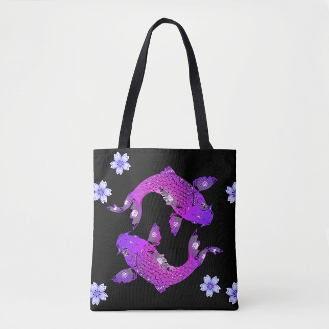 Koi fish oriental black purple yin yang floral tote bag (Front)