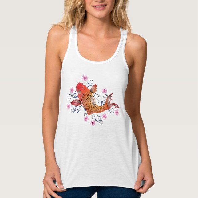 Koi fish oriental floral orange gold pink tank top (Front)