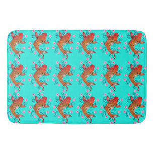 Koi fish oriental floral orange turquoise elegant bath mat