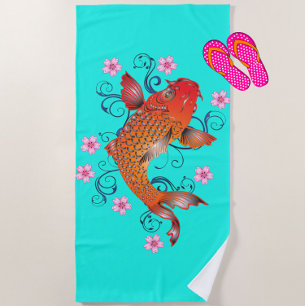 Koi fish oriental floral orange turquoise elegant beach towel