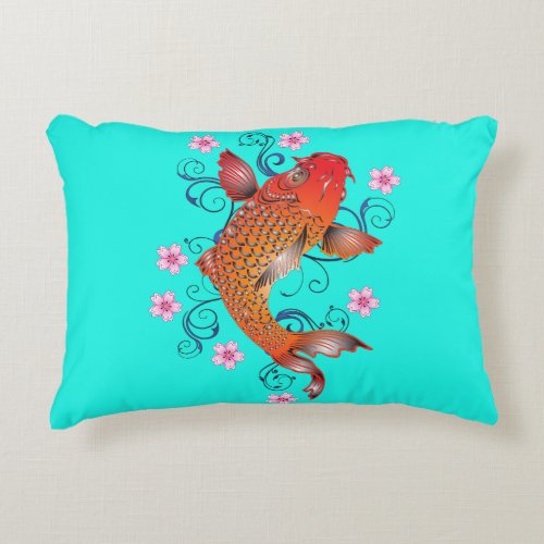 Koi fish oriental orange turquoise floral elegant  accent pillow