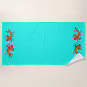 Koi fish oriental orange turquoise floral elegant beach towel