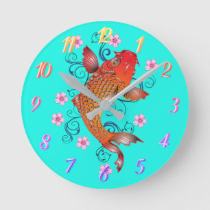 Koi fish oriental orange turquoise floral elegant round clock