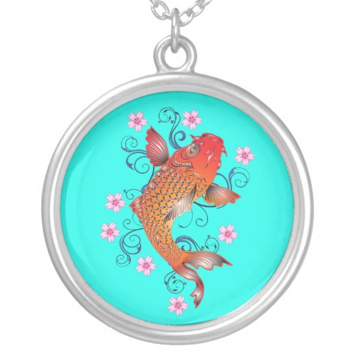 Koi fish oriental orange turquoise floral elegant  silver plated necklace