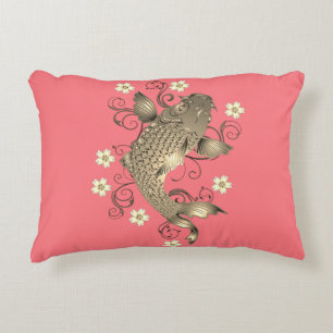 Koi fish oriental peach gold floral japanese accent pillow