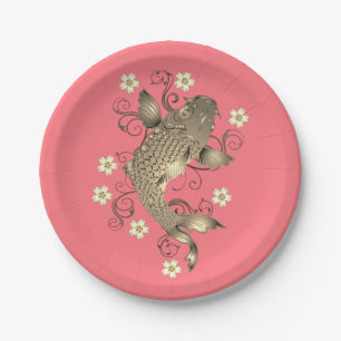 Koi fish oriental peach gold floral japanese paper plates