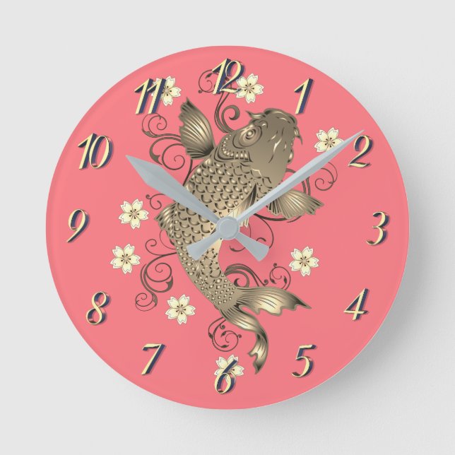 Koi fish oriental peach gold floral japanese  round clock (Front)