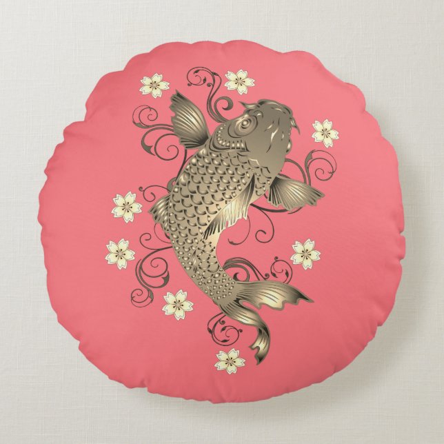 Koi fish oriental peach gold floral japanese  round pillow (Front)