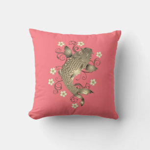 Koi fish oriental peach gold floral japanese throw pillow