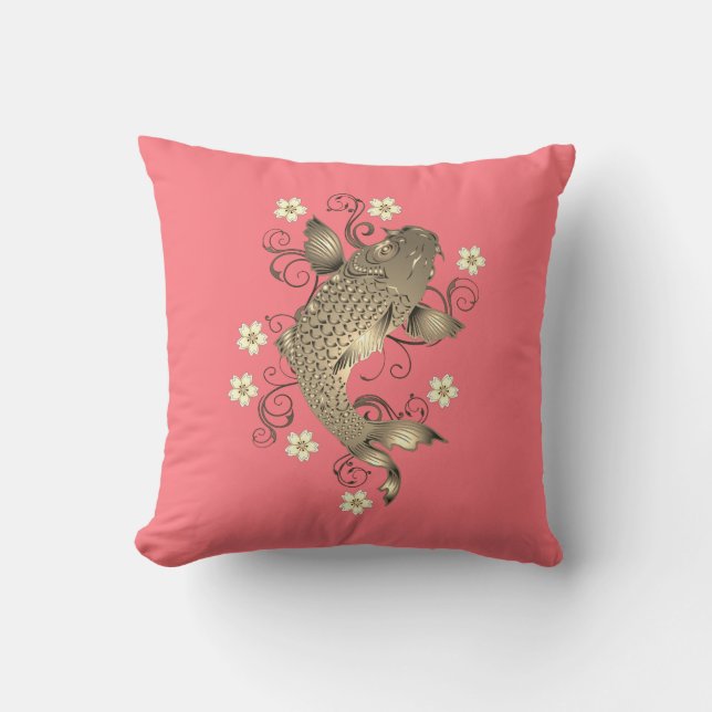 Koi fish oriental peach gold floral japanese  throw pillow (Front)
