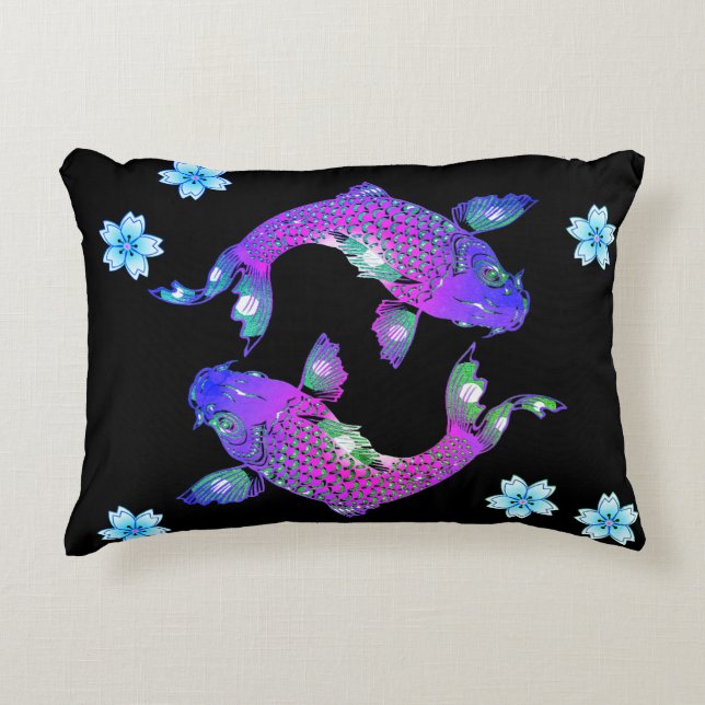 Koi fish oriental yin yang black purple floral accent pillow (Front)