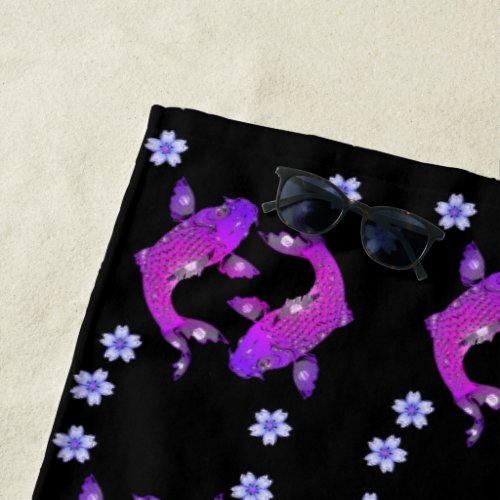 Koi fish oriental yin yang black purple floral beach towel