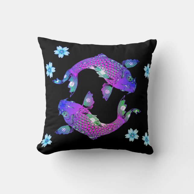 Koi fish oriental yin yang black purple floral throw pillow (Front)