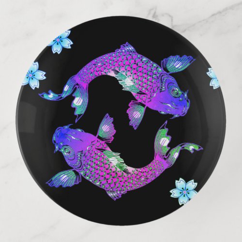 Koi fish oriental yin yang black purple floral trinket tray