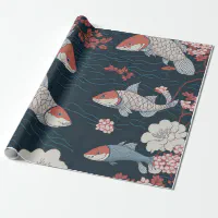 Chinese Lucky Symbols and Koi Fish Black and Gold Wrapping Paper