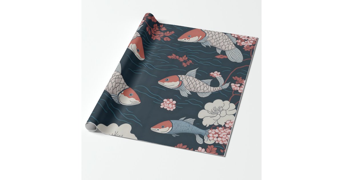 Chinese Lucky Symbols and Koi Fish Black and Gold Wrapping Paper, Zazzle