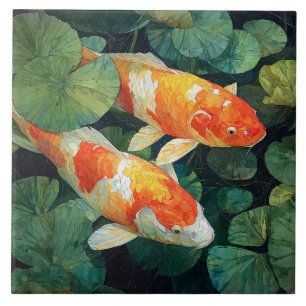 Koi Fish Pond Lily Pads Ceramic Tile