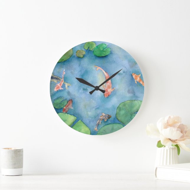 Koi Fish Pond watercolor Large Clock (Home)