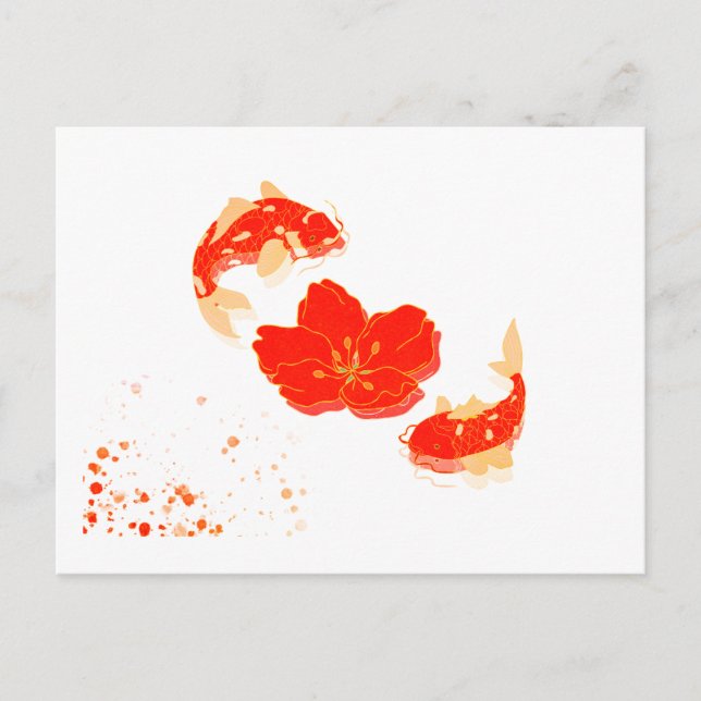 Koi Fish & Red Blossom Japanese Postcard - Elegant (Front)