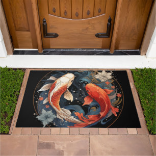 Koi Fish Red White Ying Yang Japanese Water Flow  Doormat