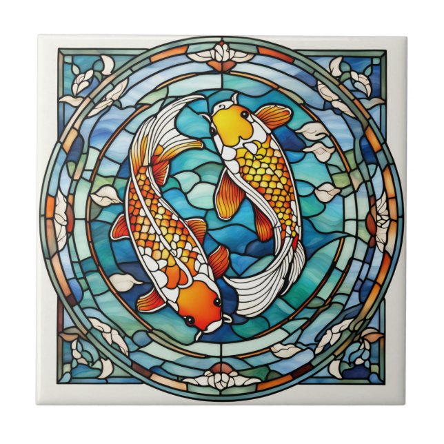 Koi Fish Stained Glass Japanese Asain Fish Ceramic Tile (Front)