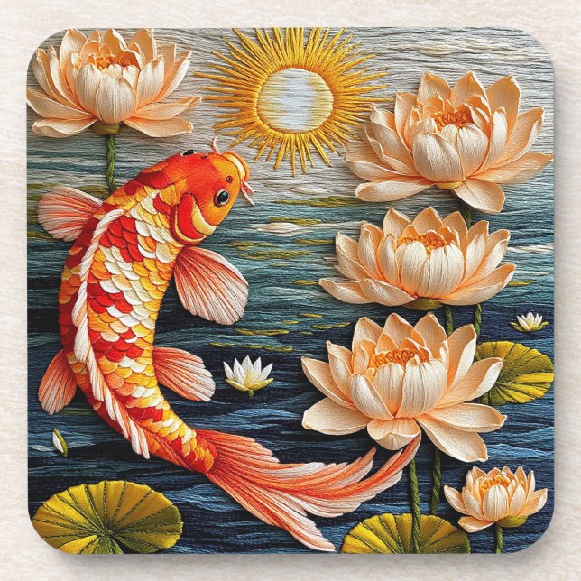 Koi Fish Surrounded by Lotus Flowers Beverage Coaster (Front)