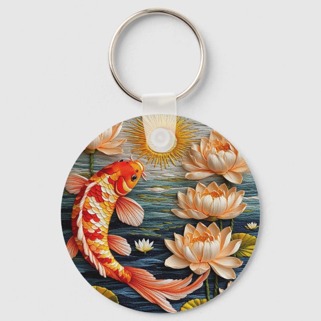 Koi Fish Surrounded by Lotus Flowers Keychain (Front)
