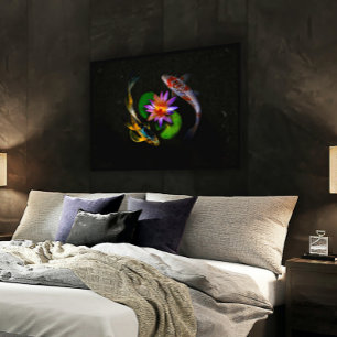 Koi Fish Swimming around Lotus Flower in Zen Pond Poster