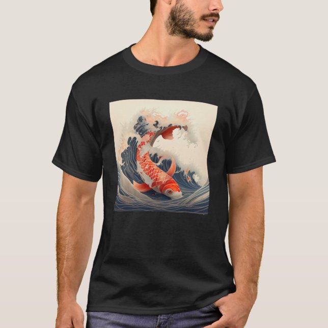 Koi Fish swimming in a Japanese style great wave P T-Shirt (Front)