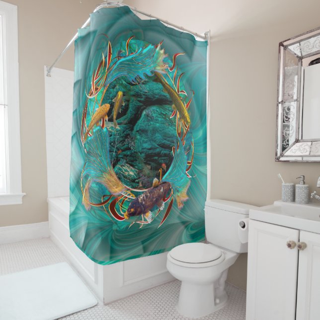 Koi Fish "SWIMMING IN PEACE" Shower Curtain (In Situ)