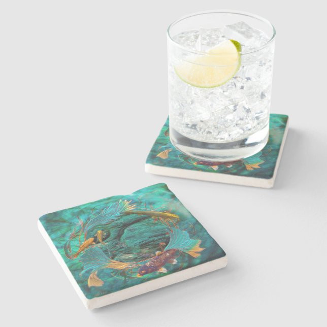 Koi Fish "SWIMMING IN PEACE" Stone Coaster (Side)