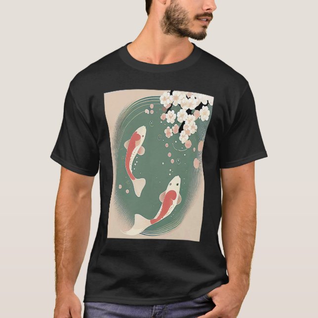 Koi fish swimming in pond with cherry blossom flow T-Shirt (Front)