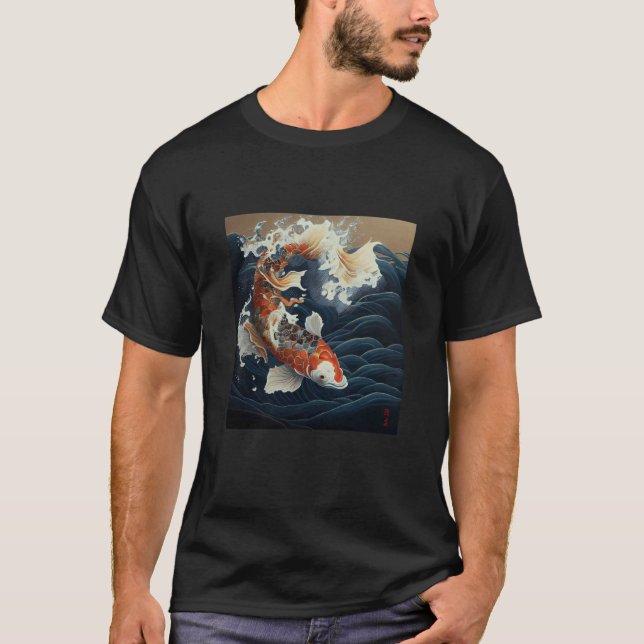 Koi fish swimming in the great wave Japanese T-Shirt (Front)