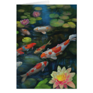 Koi Fish Swimming Lotus Flower Pond Zen Painting Cards