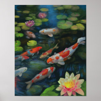 Koi Fish Swimming Lotus Flower Pond Zen Painting Poster