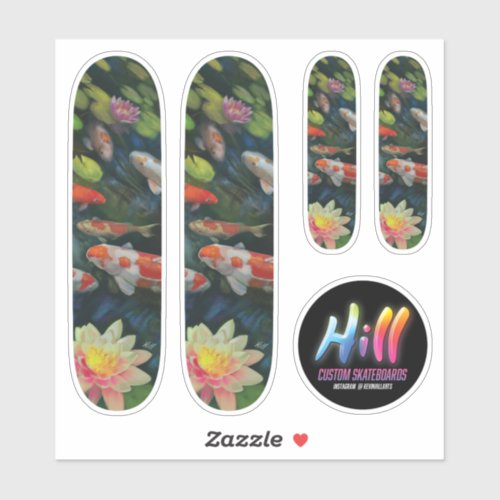 Koi Fish Swimming Lotus Flower Pond Zen Skateboard Sticker