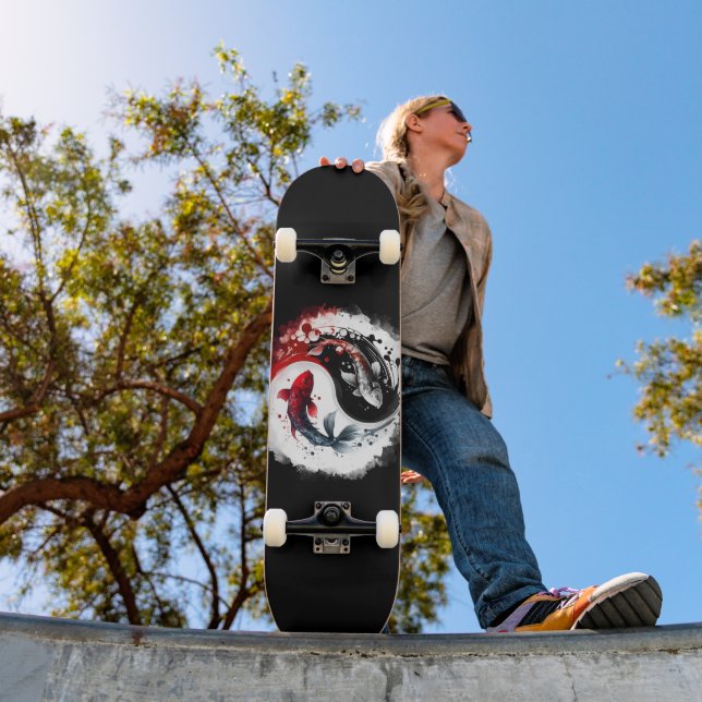Koi Fish Taiji Circle Japanese Art Black And White Skateboard (Outdoor 1)