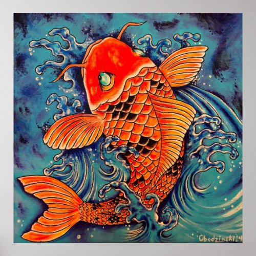 Koi Fish Tattoo Style Art Poster Print