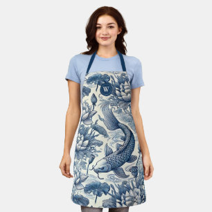 Koi Fish Water Lily Blue Chinoiserie Toile Initial Apron