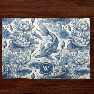 Koi Fish Water Lily Blue Chinoiserie Toile Initial Cloth Placemat