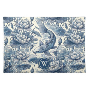 Koi Fish Water Lily Blue Chinoiserie Toile Initial Cloth Placemat
