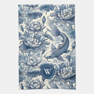Koi Fish Water Lily Blue Chinoiserie Toile Initial Kitchen Towel