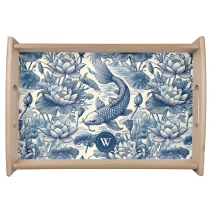 Koi Fish Water Lily Blue Chinoiserie Toile Initial Serving Tray