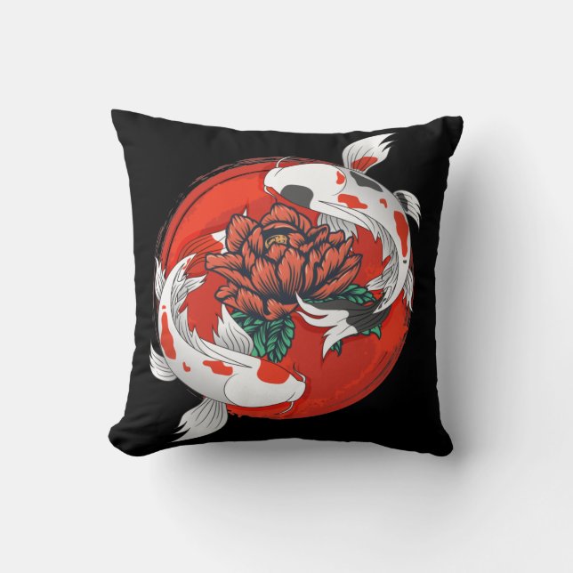 Koi Fish Water Lily Japanese Art Throw Pillow (Front)