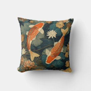 Koi Fish & Water Lily — Oriental Japanese Pond Throw Pillow